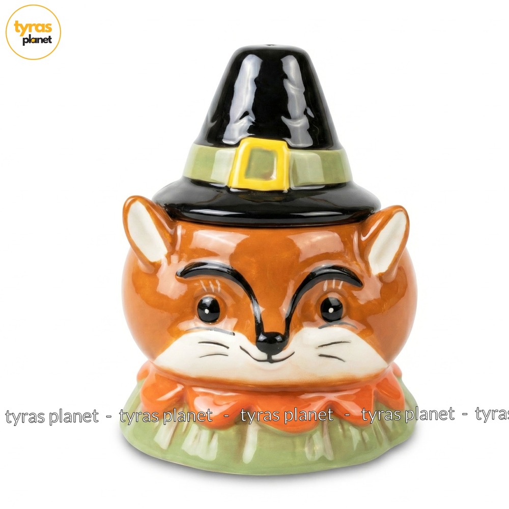 Johanna Parker Thanksgiving Autumn Pilgrim Fox Critter Ceramic Bowl W/Lid 5"
